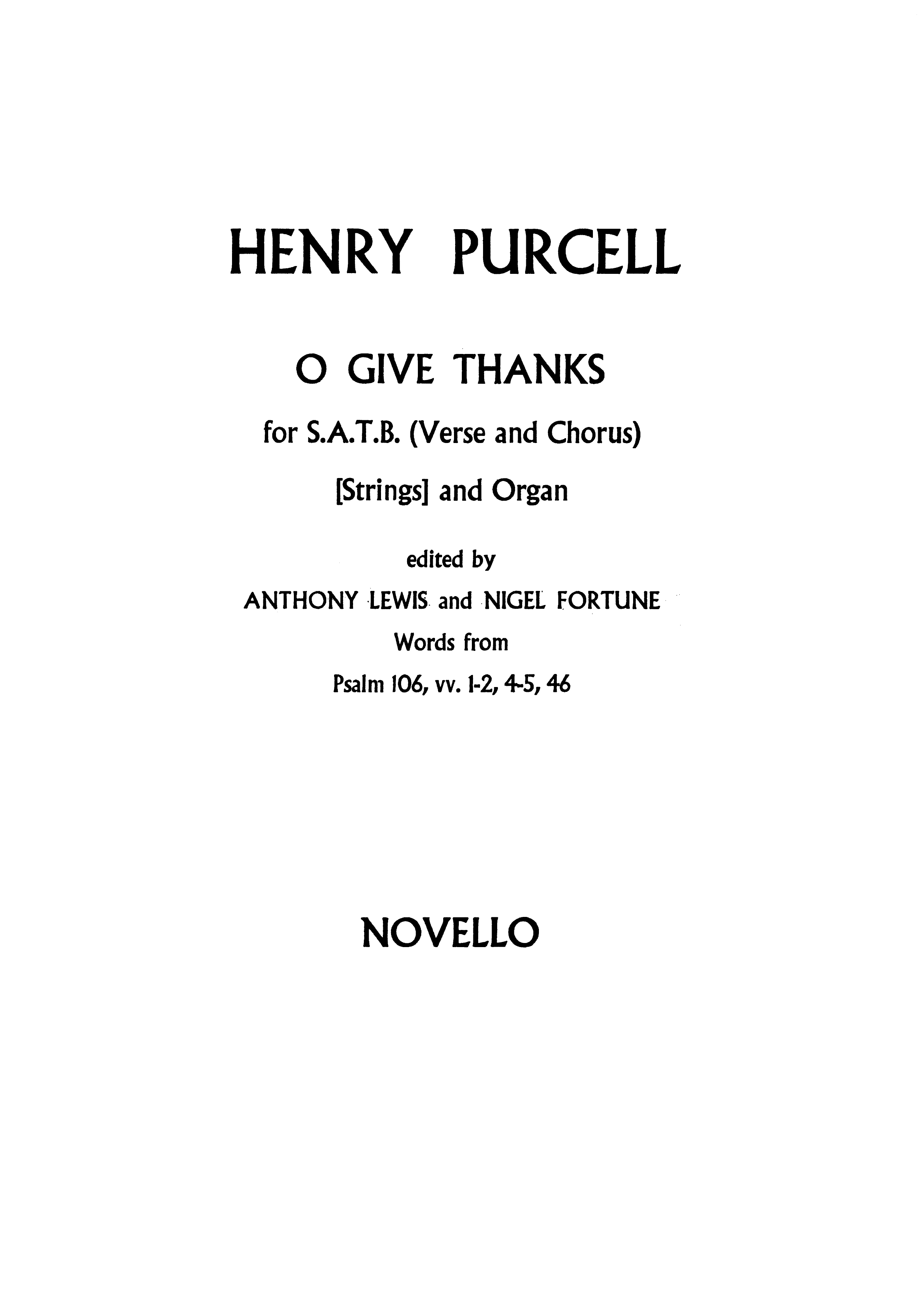 Sheet Music Henry Purcell O Give Thanks Unto The Lord Satb Vocal