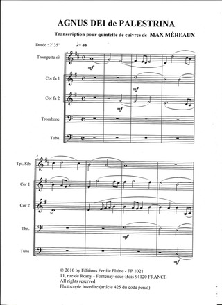 Agnus Dei (D'Après Palestrina, Trompette- 2 Cors, Trombone, Tuba)