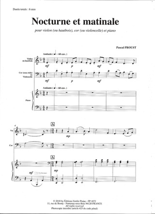 Nocturne Et Matinale (Violon, (Ou Hautbois, Cor (Ou Violoncelle) Et Piano