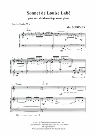Sonnet De Louise Labé (Mezzo-Soprano Et Piano)