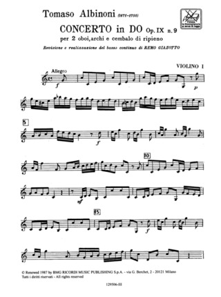 Conc. Per 2 Oboi Archi E Cembalo Di Ripieno Op. IX: N.9 In Do