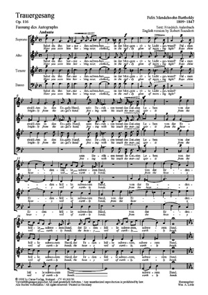 Trauergesang. Fassung Des Autographs - Op. : 116 (MENDELSSOHN-BARTHOLDY FELIX)