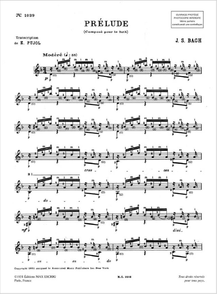 Prelude, Bwv 999, Pour Guitare, Collection Pujol N. 1039