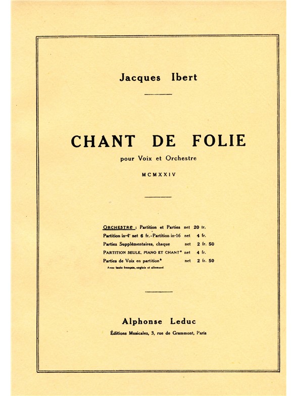 Jacques Ibert: Chant de Folie: Orchestra: Score