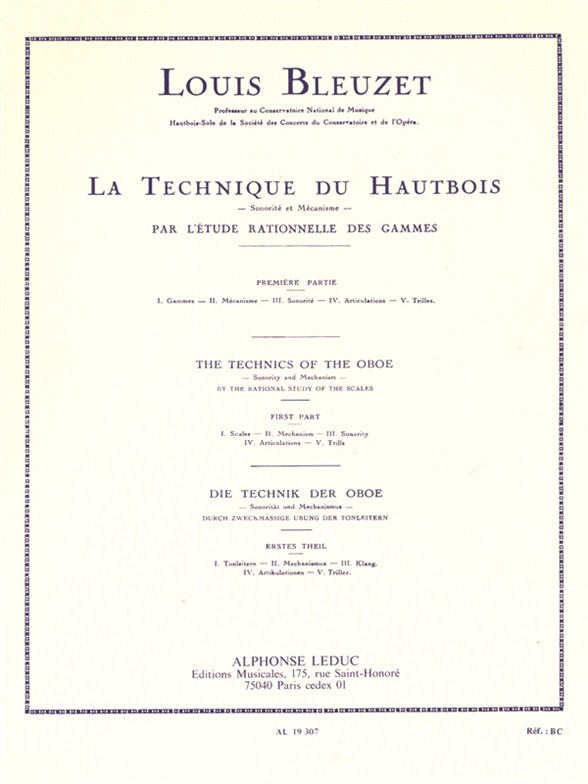 Louis Bleuzet Technique Du Hautbois The Technics Of The Oboe Vol 1 MUSIC BOOK 