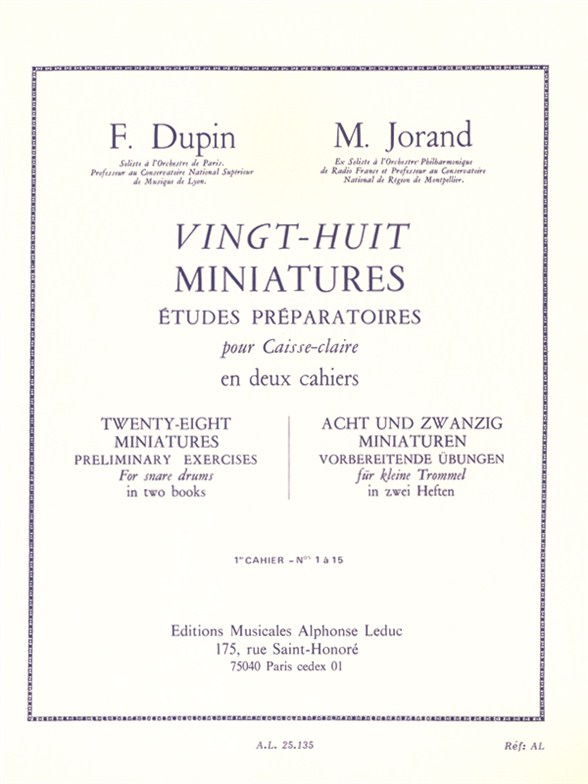 Franois Dupin Marcel Jorand: 28 Miniatures tudes Prparatoires for Snare Drum: