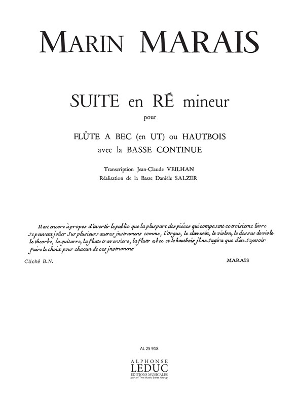 Marin Marais: Suite En Re Mineur: Descant Recorder: Instrumental Work