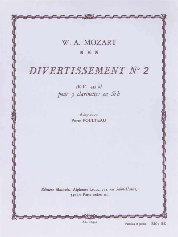 Wolfgang Amadeus Mozart: Divertissement No.2 KV439b: Clarinet Ensemble: Score