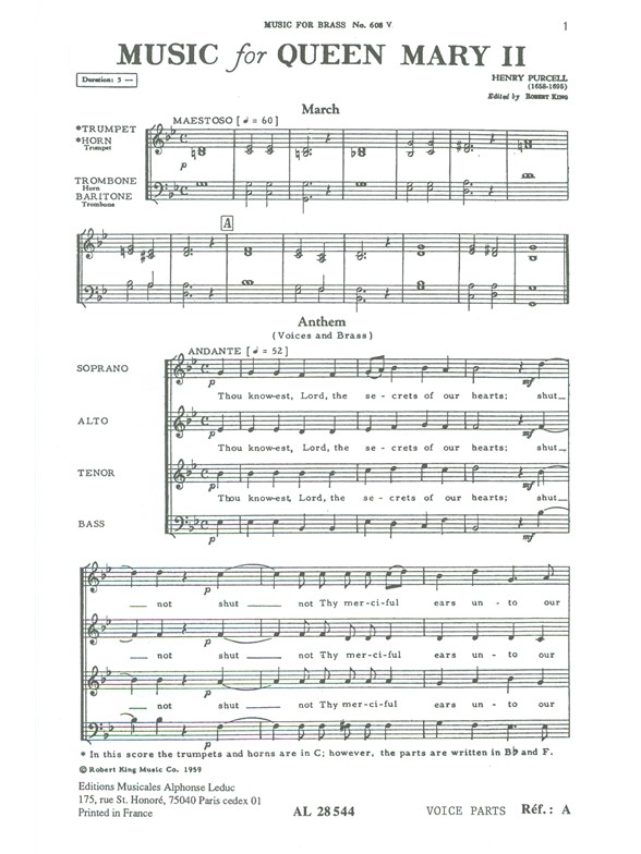 Henry Purcell: Funeral Music For Queen Mary II: Brass Ensemble: Vocal Score