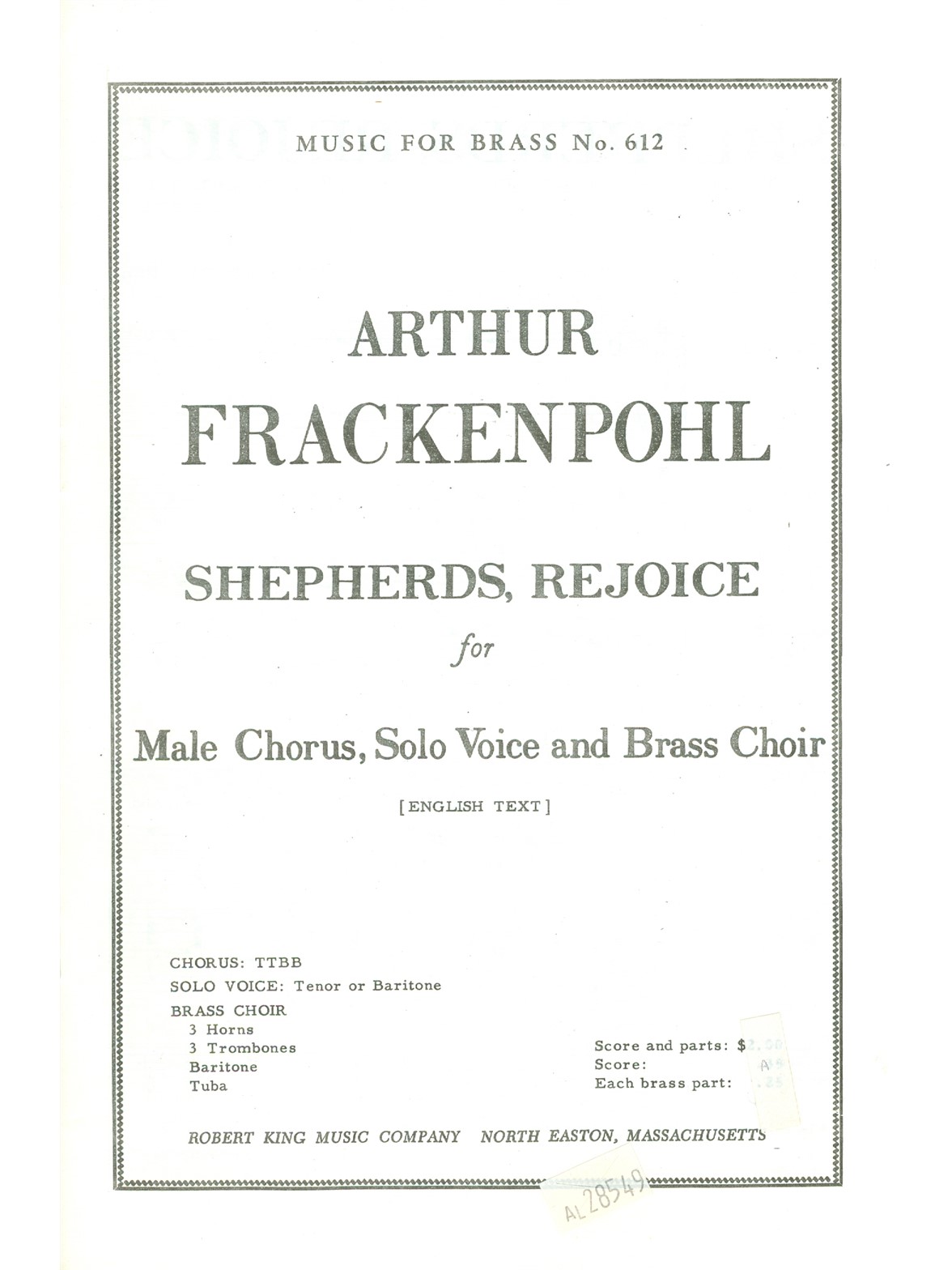 Arthur R. Frackenpohl: Arthur R. Frackenpohl: Shepherds rejoice: Men's Choir: