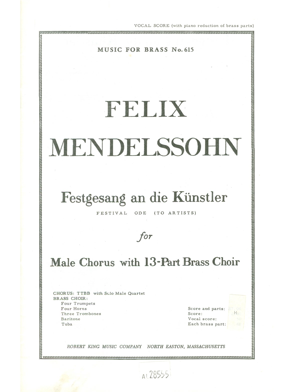 Felix Mendelssohn Bartholdy: Sokol Festgesang An Die Kunstler: Brass Ensemble: