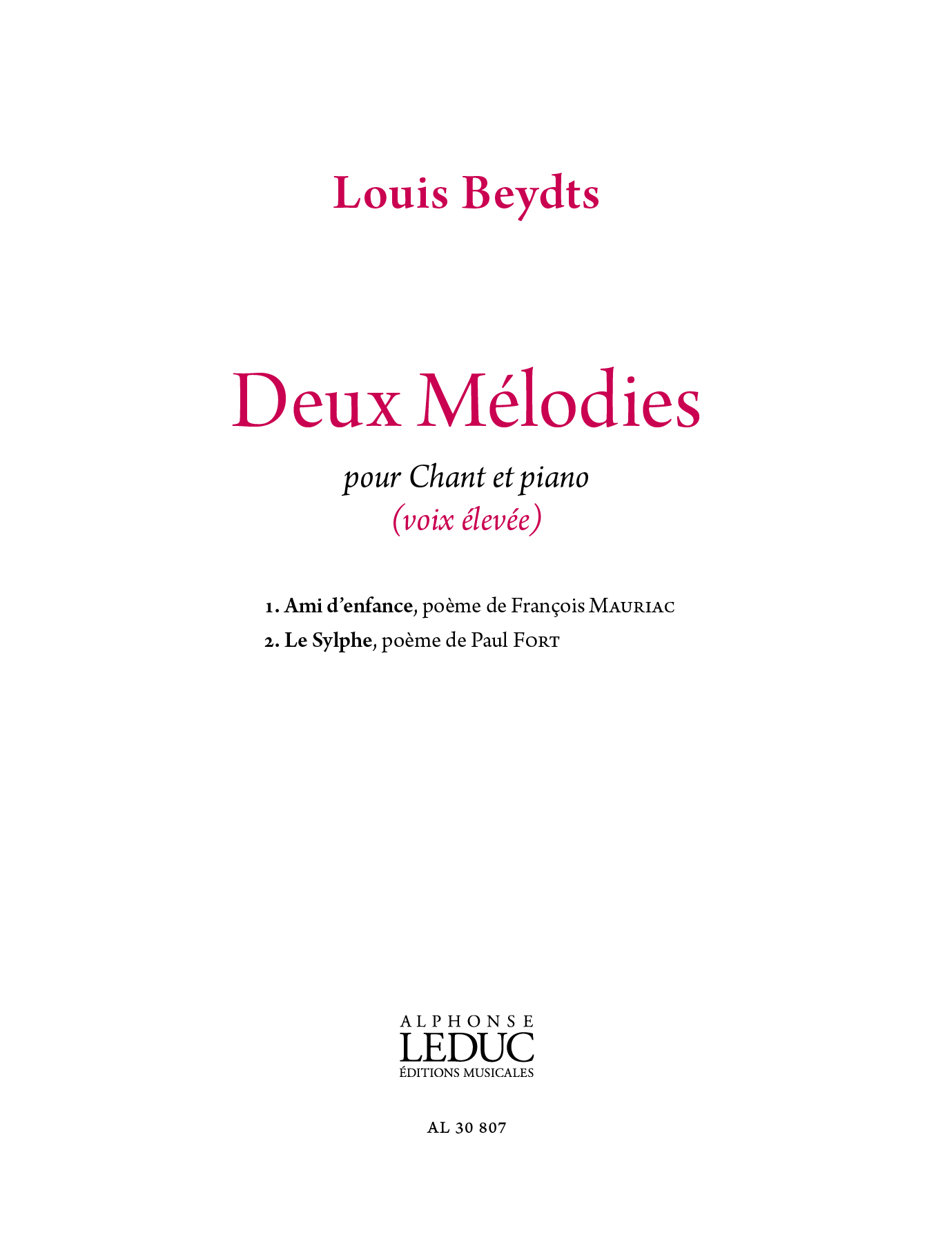 Louis Beydts: Deux Mlodies pour voix leve: High Voice: Vocal Work