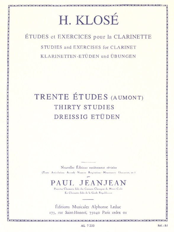 Hyacinthe-Elonore Klos: 30 Etudes D'Apres Aumont: Clarinet: Study