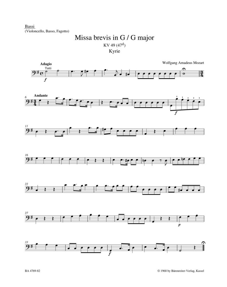 Wolfgang Amadeus Mozart: Missa Brevis In G Major K.49: Continuo: Part