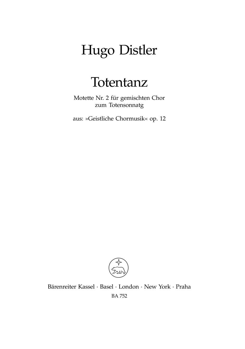 Hugo Distler: Totentanz: Mixed Choir: Vocal Score
