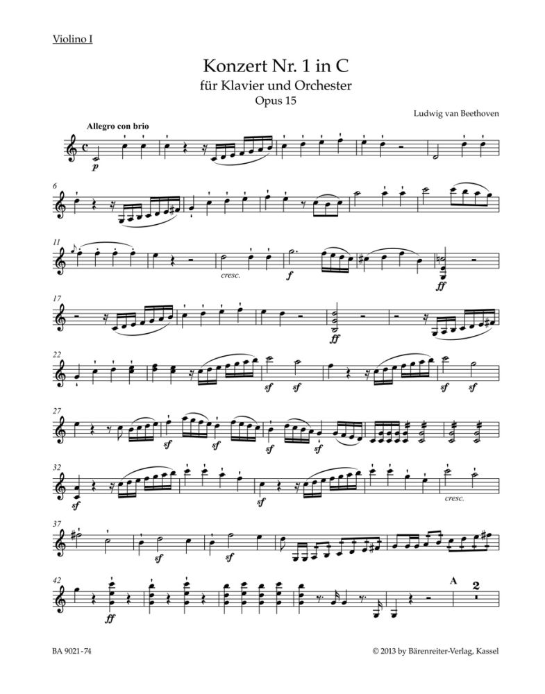 Ludwig van Beethoven: Concerto No.1 In C Major Op.15 For Piano: Violin: Part