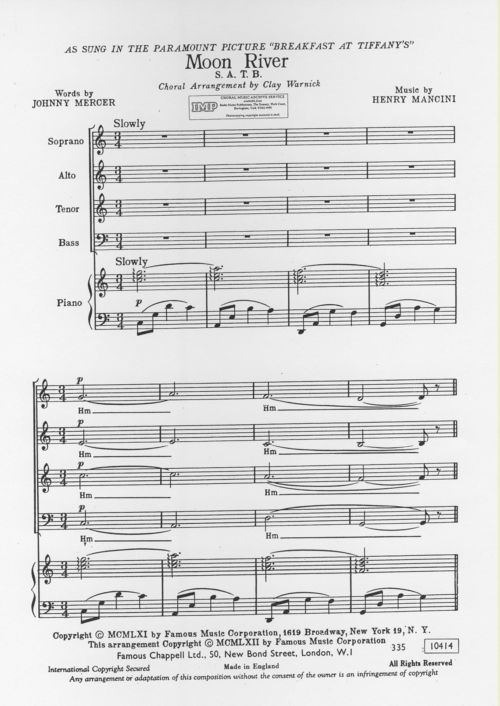 Henry Mancini: Moon River: SATB: Vocal Score