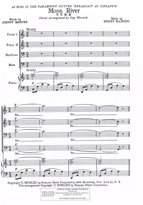 Henry Mancini: Moon River: TTBB: Vocal Score