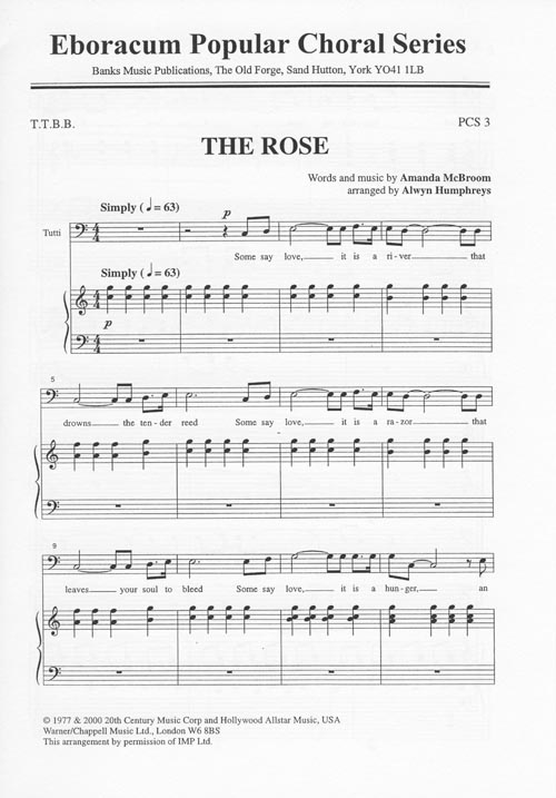 Amanda McBroom: The Rose: TTBB: Vocal Score