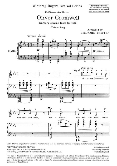 Benjamin Britten: Oliver Cromwell: Unison Voices: Vocal Score