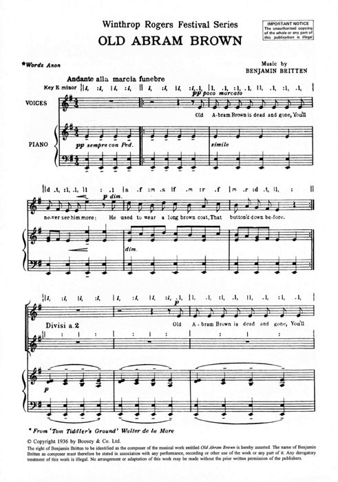 Benjamin Britten: Old Abram Brown: Children's Choir: Vocal Score