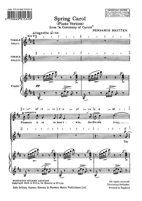 Benjamin Britten: Spring Carol: Children's Choir: Vocal Score