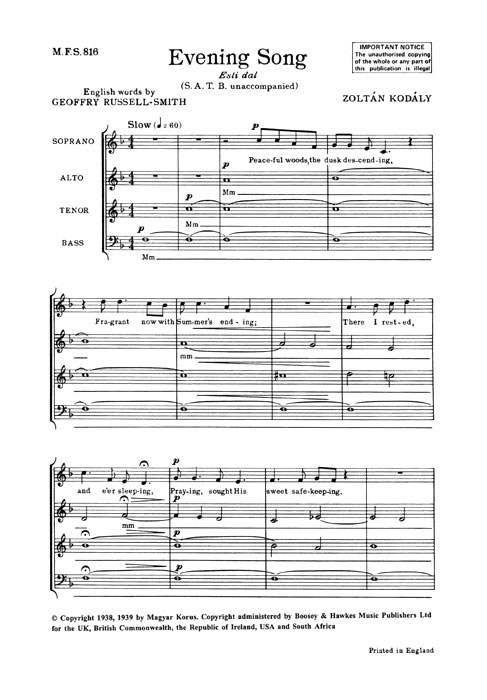 Zoltn Kodly: Evening Song: SATB: Vocal Score
