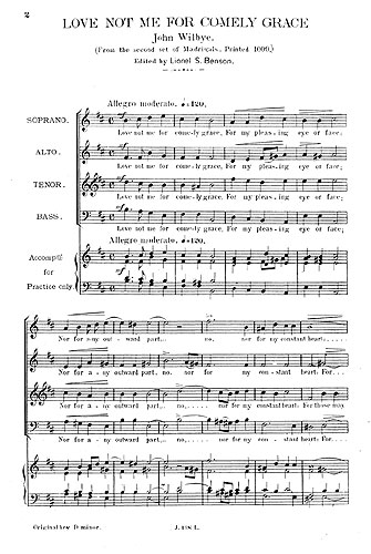 John Wilbye: Love Not Me For Comely Grace: SATB: Vocal Score