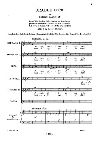 Sethus Calvisius: Cradle Song: SATB: Vocal Score