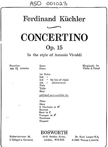 Ferdinand Kchler: Concertino In D Op.15 'In Style Of Vivaldi': Orchestra: Score