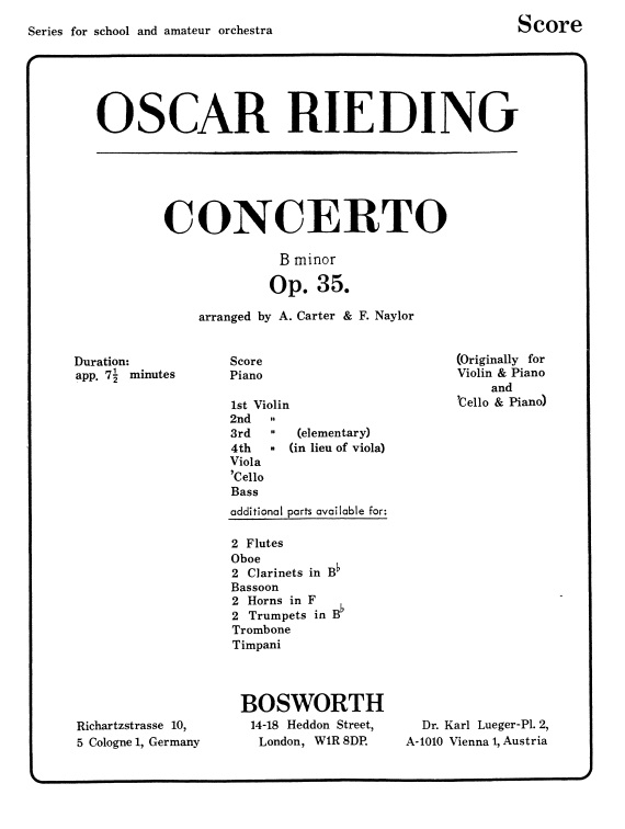 Oscar Rieding: Concerto In B Minor Op. 35: Orchestra: Score and Parts
