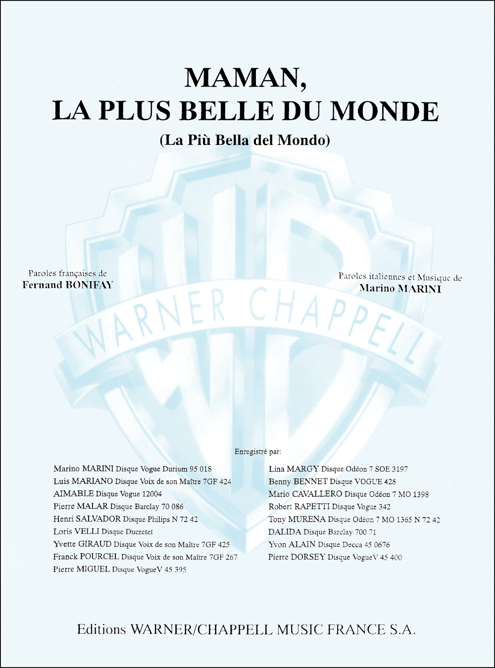 Luis Mariano: Maman Plus Belle Du Monde: Voice: Single Sheet