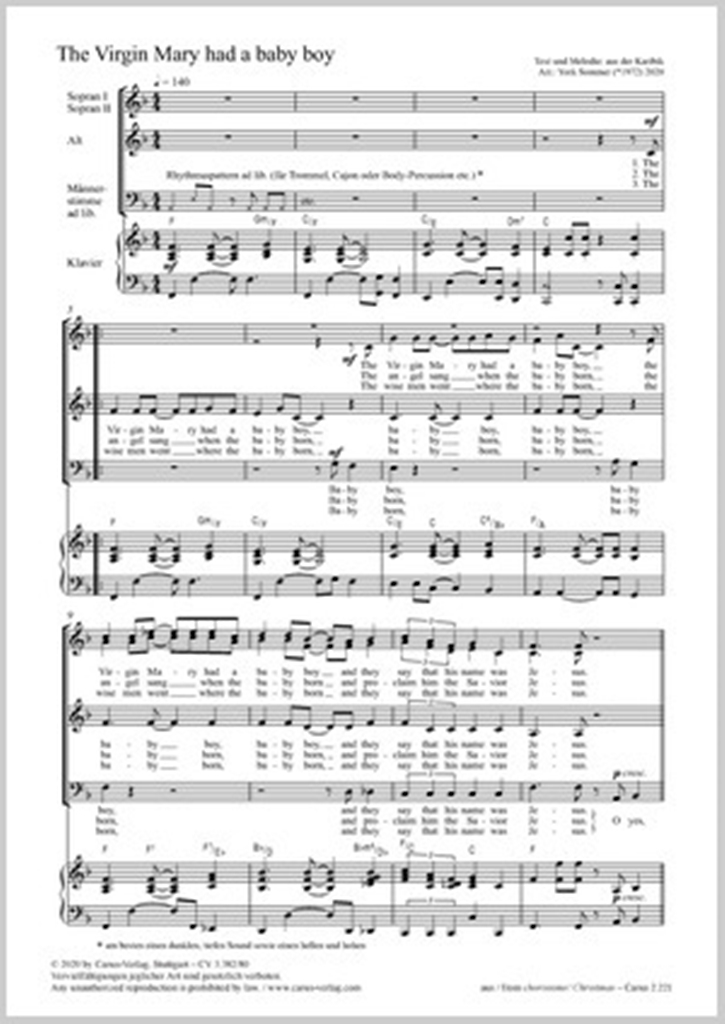 York Sommer: The Virgin Mary had a baby boy: Mixed Choir: Vocal Score