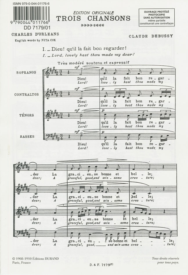 Claude Debussy: Trois Chansons 1: Dieu! quil la fait bon regarder: Mixed Choir: