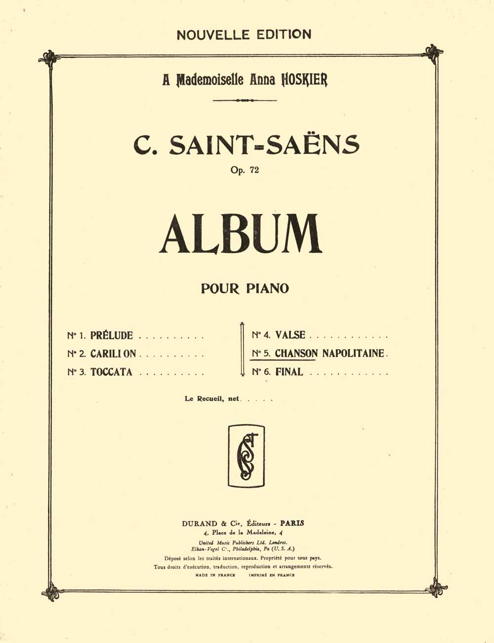 Camille Saint-Sa�ns: Album op. 72 Extrait no 5 Chanson Napolitaine: Piano Solo: