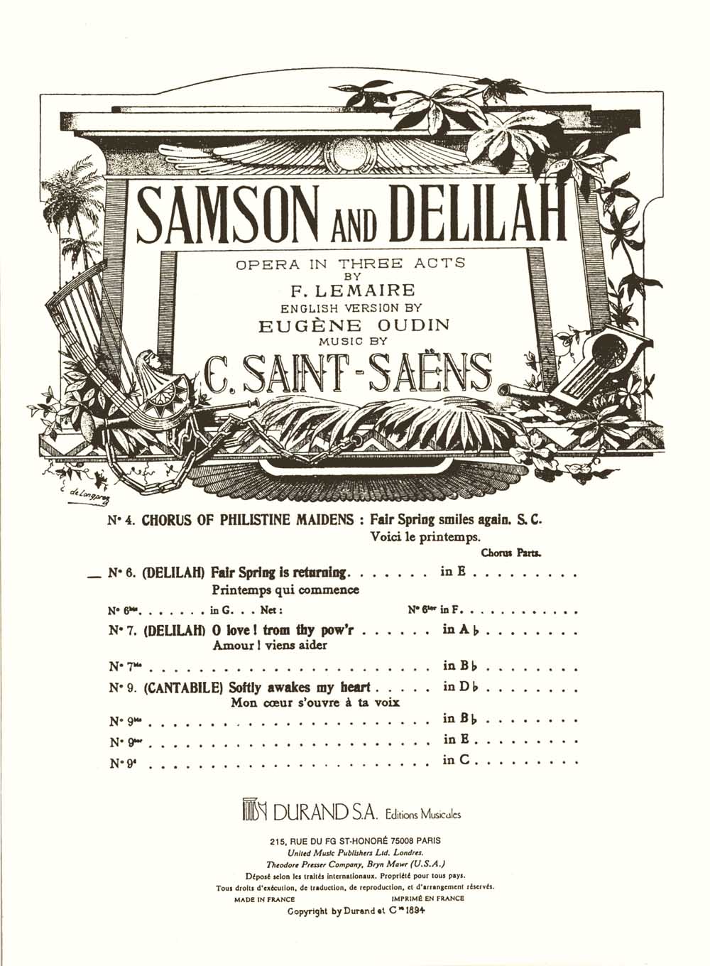 Camille Saint-Sans: Samson and Delilah no 6 in E: Vocal and Piano: Vocal Score