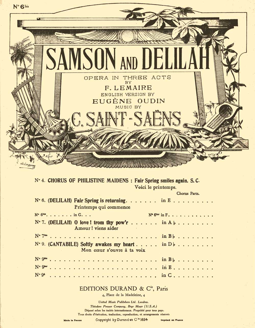 Camille Saint-Sans: Samson and Delilah no 6bis in G: Vocal and Piano: Vocal
