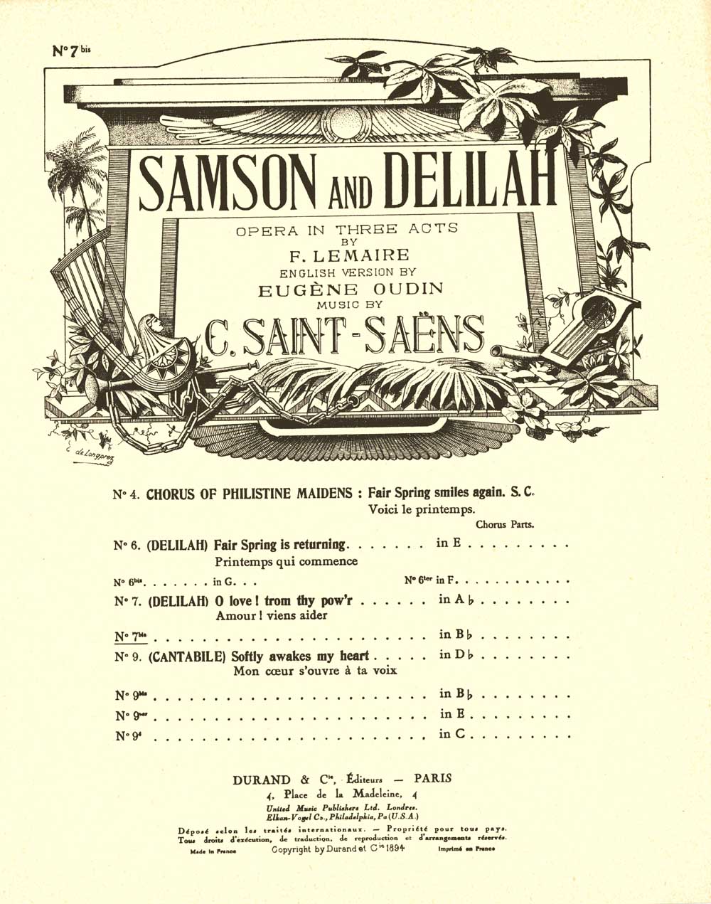Camille Saint-Sans: Samson and Delilah no 7bis in Bb: Vocal and Piano: Vocal