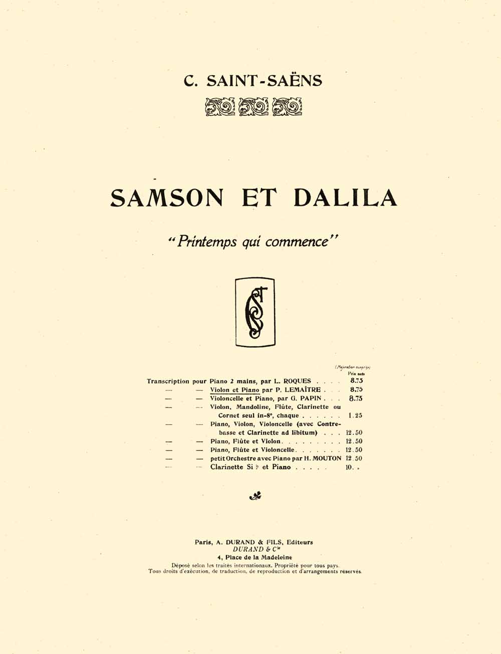 Camille Saint-Sans: Samson et Dalila Printemps Qui Commence: Violin and