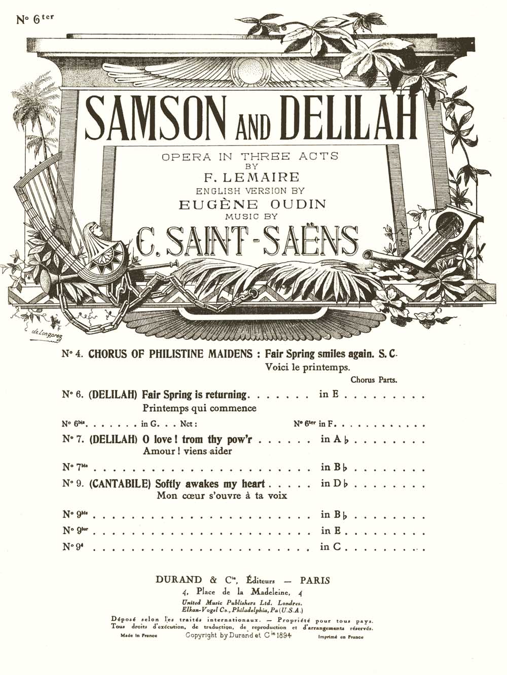 Camille Saint-Sans: Samson and Delilah no 6ter in F: Vocal and Piano: Vocal