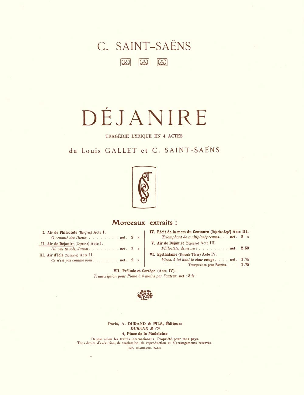 Camille Saint-Sans: Dejanire Tragedie Lyrique en 4 Actes Extrait no 2: Vocal