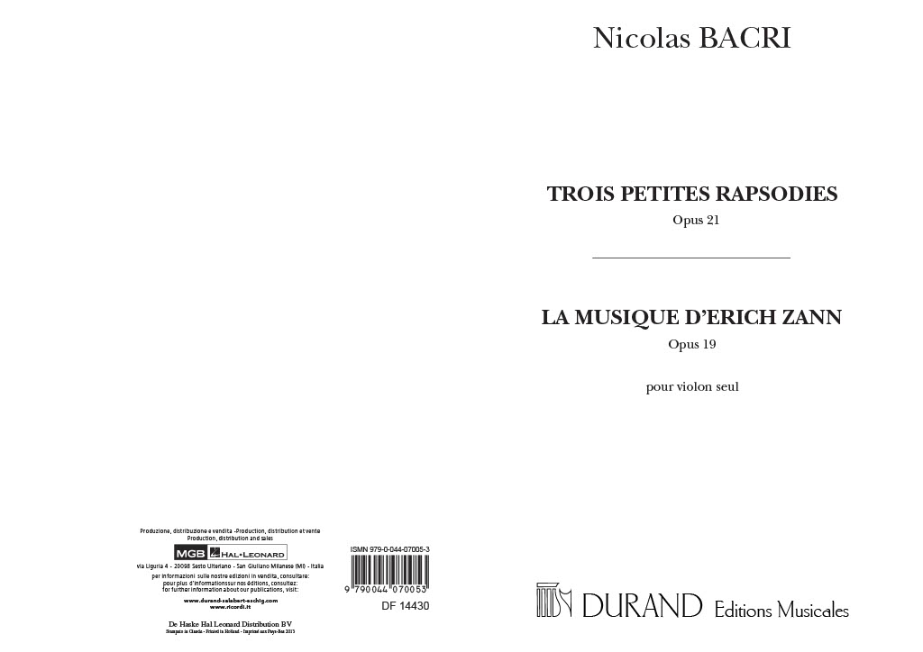 Nicolas Bacri: Trois Petites Rapsodies  Opus 21: Violin