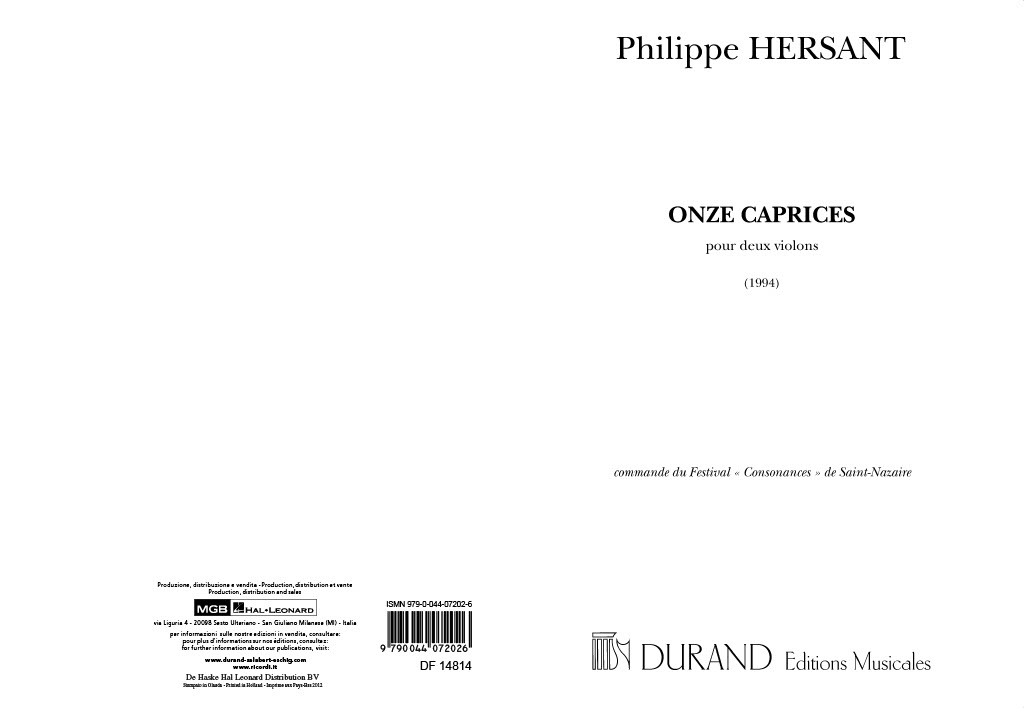 Philippe Hersant: Onze Caprices (1994): Violin Duet