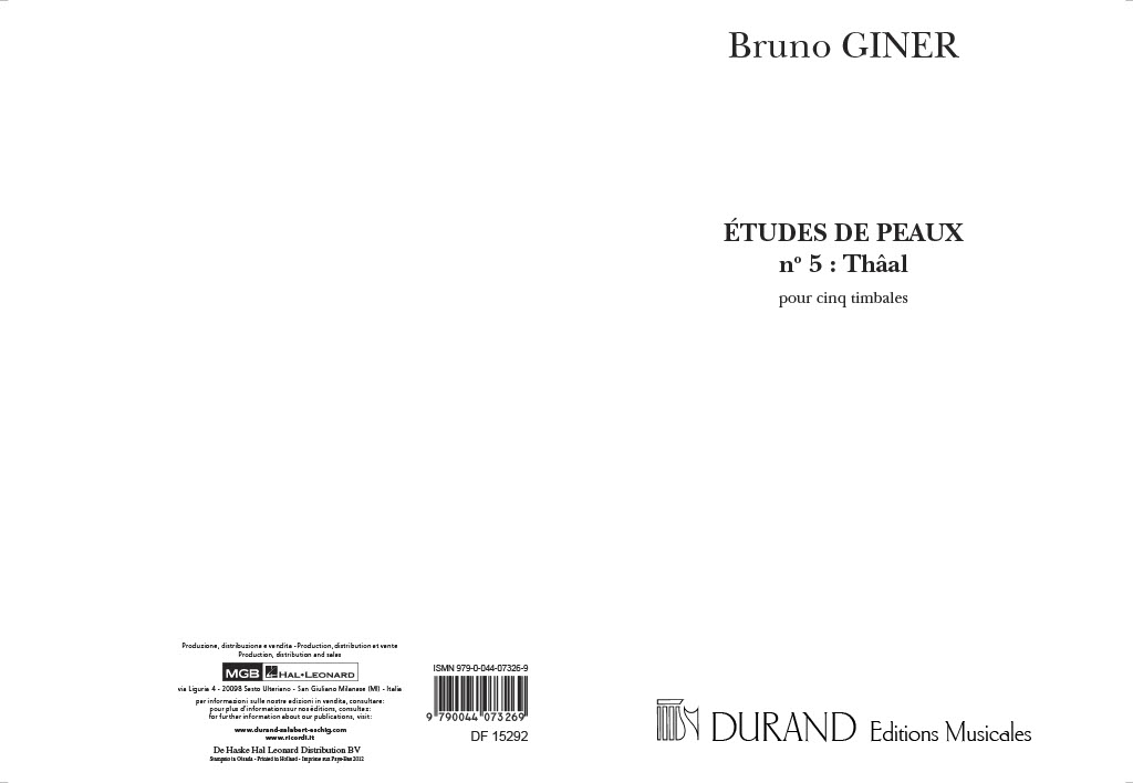 Bruno Giner: Etude De Peaux N 5 Thaal Pour 5 Timbales: Percussion