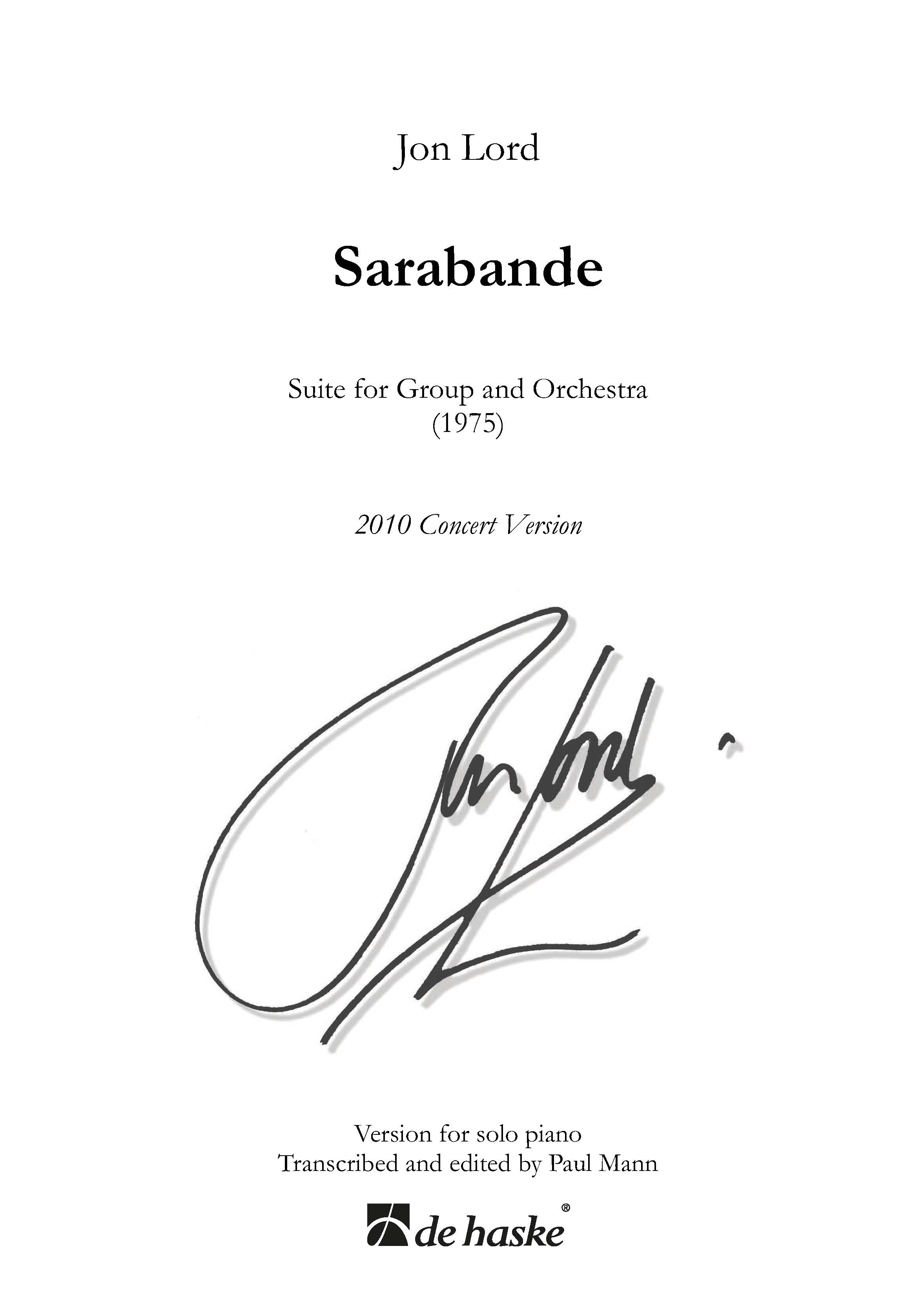 Jon Lord: Sarabande: Piano: Score