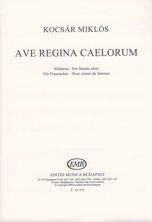 Ave Regina caelorum for female choir: SSA: Vocal Score
