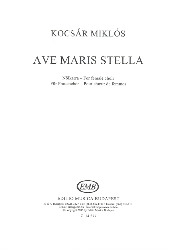 Ave maris stella for female choir: SSA: Vocal Score