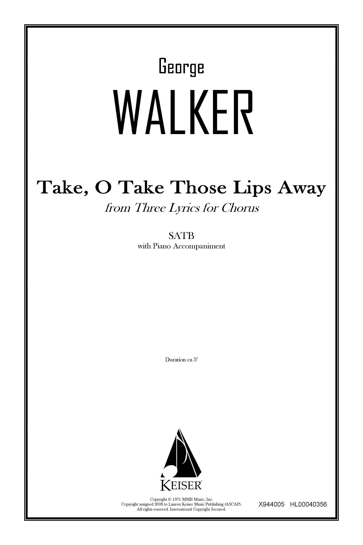 George Walker: Take  O Take Those Lips Away: Mixed Choir a Cappella: Vocal Score