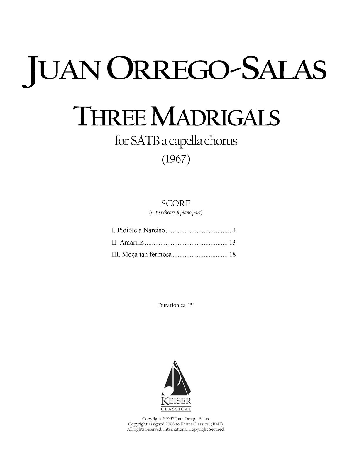 Juan Orrego-Salas: 3 Madrigals  Op. 62: Mixed Choir a Cappella: Vocal Score