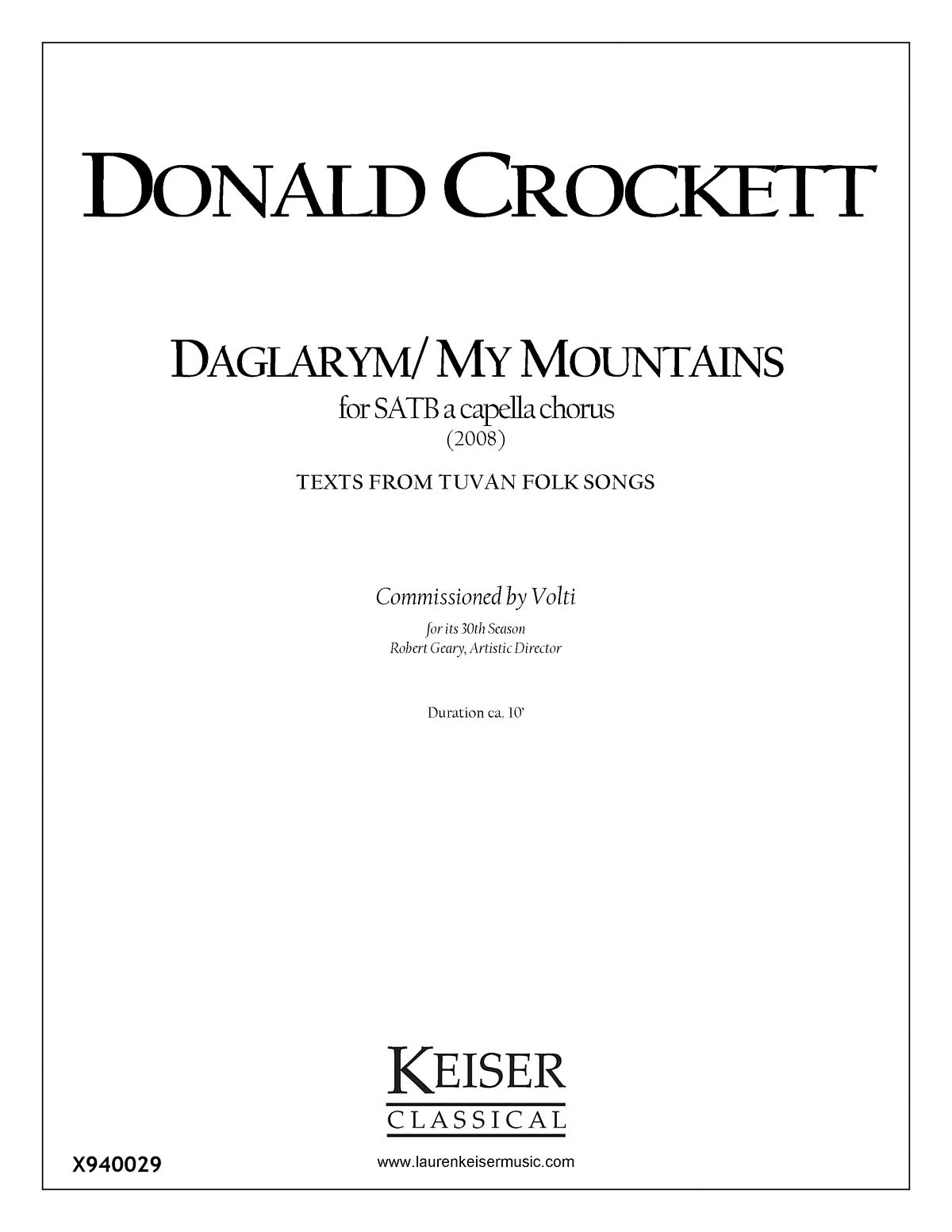 Donald Crockett: Daglarym/My Mountains: Mixed Choir a Cappella: Vocal Score